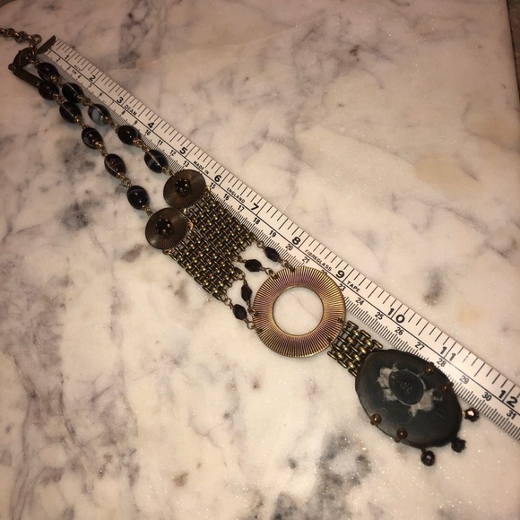 VTG Jan Michaels Agate Stone Modernist Brass Disk Statement Necklace Signed - Picture 8 of 9